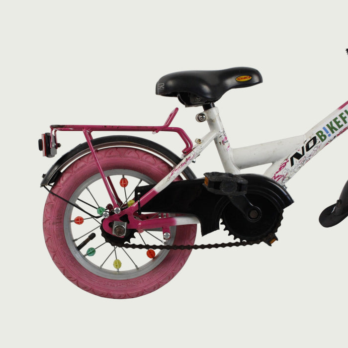 12.108, BikeFlip , 12 inch kinderfiets, roze en wit, 85-100 cm, terugtraprem, handrem, rekje, zijwieltjes beschikbaar