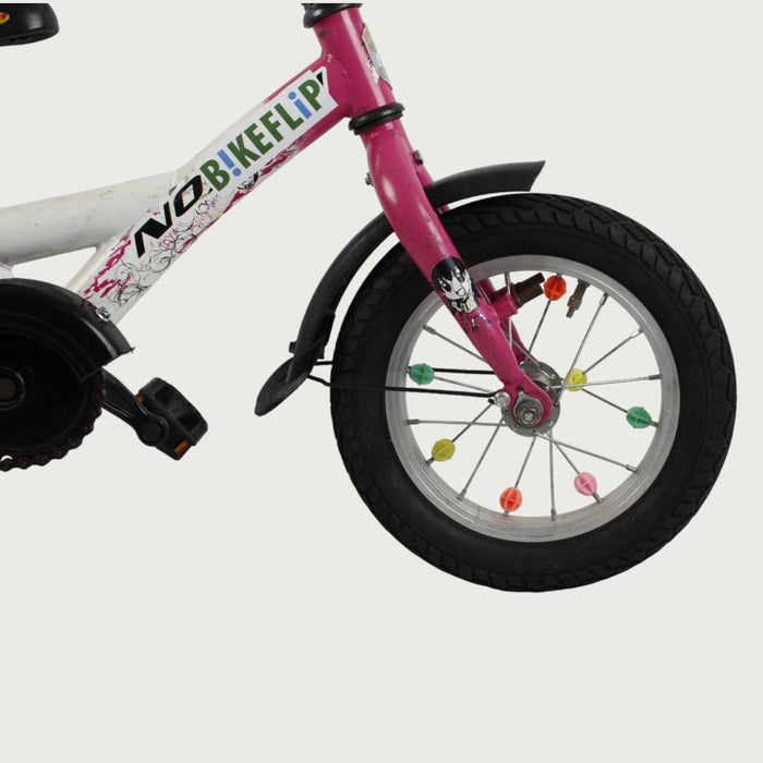 12.108, BikeFlip , 12 inch kinderfiets, roze en wit, 85-100 cm, terugtraprem, handrem, rekje, zijwieltjes beschikbaar