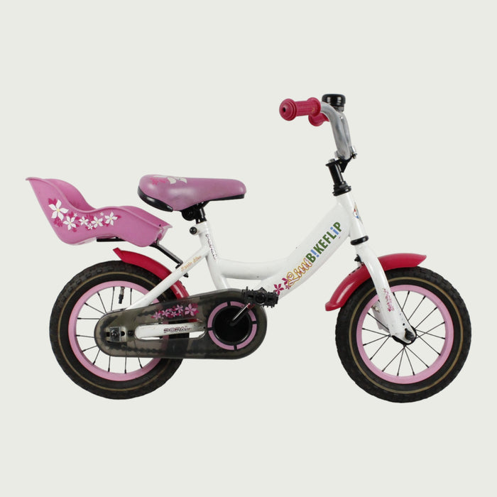 12.111 - BikeFlip, kleurrijke kinderfiets, 12 inch fiets, wit roze rood fiets, terugtraprem, met zijwieltjes, kinderen fiets