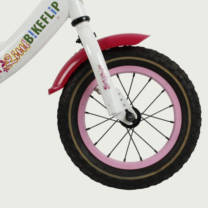 12.111 - BikeFlip, kleurrijke kinderfiets, 12 inch fiets, wit roze rood fiets, terugtraprem, met zijwieltjes, kinderen fiets