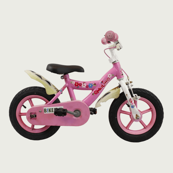 12.152 - BikeFlip, 12 inch kinderfiets, roze fiets, bloemenstickers, avontuurlijke fiets, terugtraprem, handrem, kabelslot