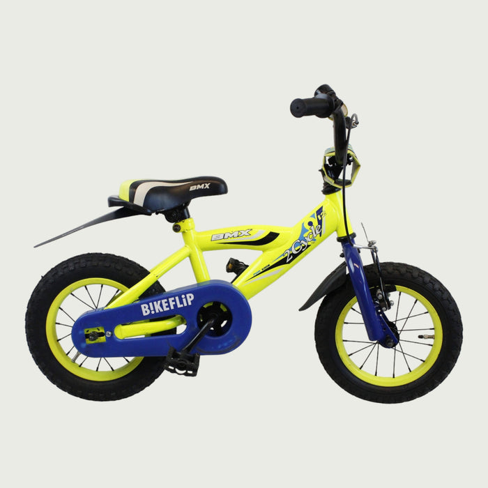 12.153 - BikeFlip, 12 inch kinderfiets, neon gele fiets, BMX fiets, avontuur, terugtraprem, handrem, kabelslot