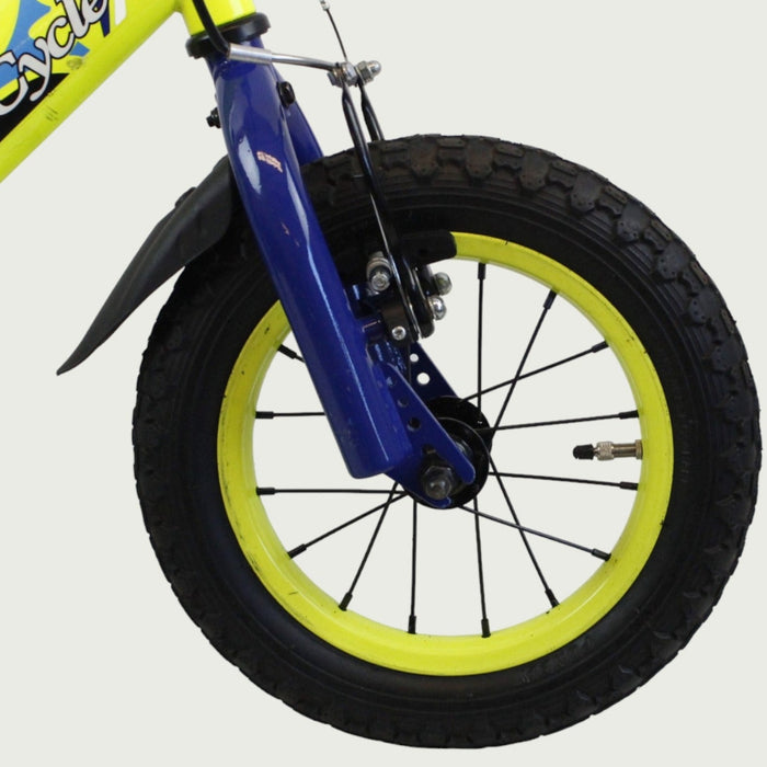 12.153 - BikeFlip, 12 inch kinderfiets, neon gele fiets, BMX fiets, avontuur, terugtraprem, handrem, kabelslot
