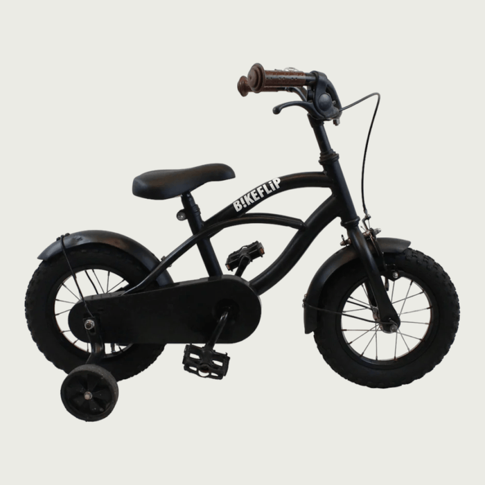 12.154 - BikeFlip, 12 inch kinderfiets, zwarte fiets, elegante fiets, terugtraprem, handrem, kabelslot, zijwieltjes