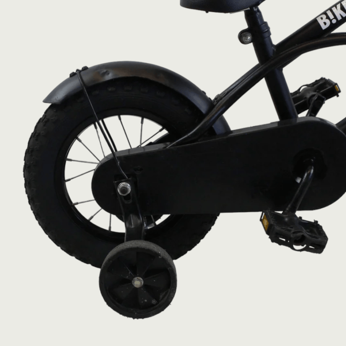 12.154 - BikeFlip, 12 inch kinderfiets, zwarte fiets, elegante fiets, terugtraprem, handrem, kabelslot, zijwieltjes