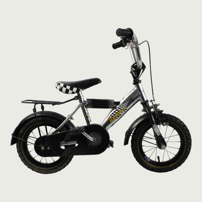 12.49 - BikeFlip, kinderfiets, 12 inch, BMX fiets, grijs, zwart, terugtraprem, handrem, geen versnellingen, kabelslot, racen
