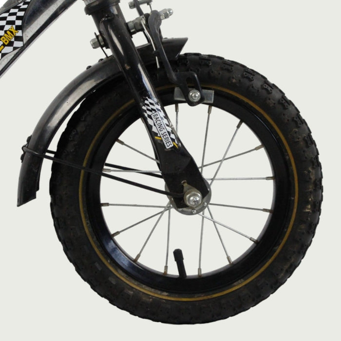 12.49 - BikeFlip, kinderfiets, 12 inch, BMX fiets, grijs, zwart, terugtraprem, handrem, geen versnellingen, kabelslot, racen