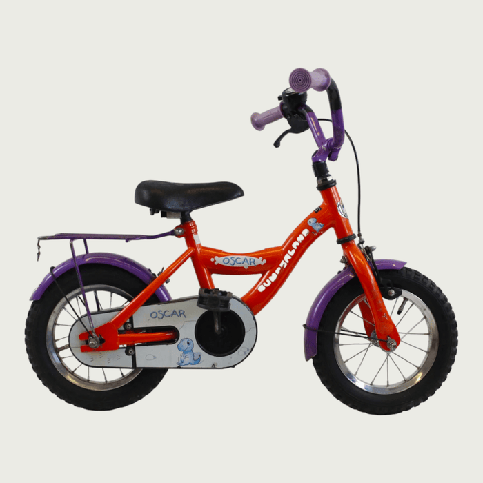 12.50 - BikeFlip, kinderfiets, 12 inch, oranje, paars, fiets, dino design, terugtraprem, handrem, kabelslot, zijwieltjes