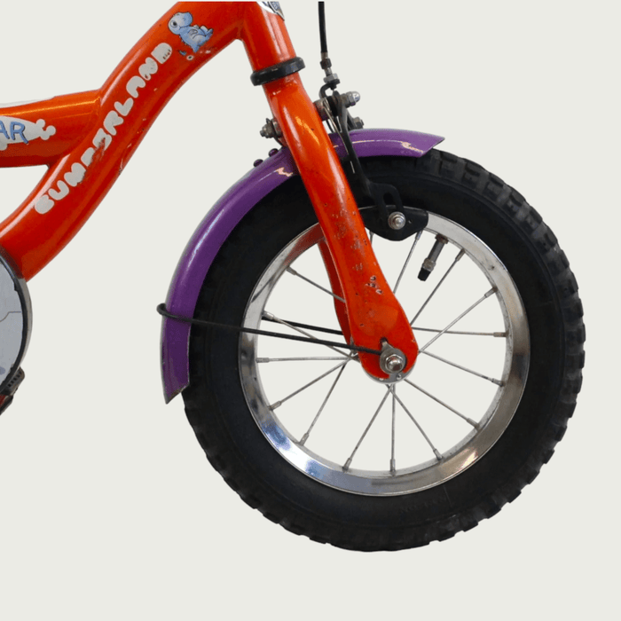 12.50 - BikeFlip, kinderfiets, 12 inch, oranje, paars, fiets, dino design, terugtraprem, handrem, kabelslot, zijwieltjes