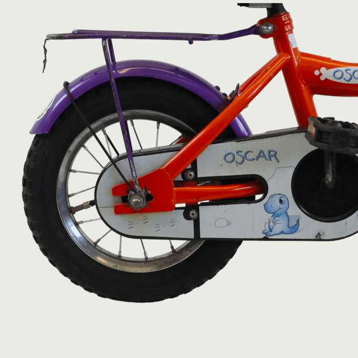 12.50 - BikeFlip, kinderfiets, 12 inch, oranje, paars, fiets, dino design, terugtraprem, handrem, kabelslot, zijwieltjes