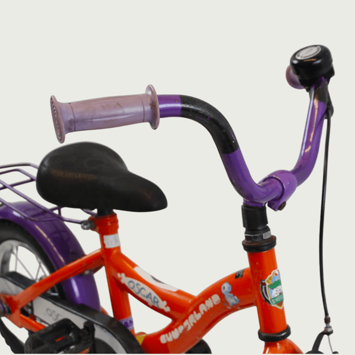 12.50 - BikeFlip, kinderfiets, 12 inch, oranje, paars, fiets, dino design, terugtraprem, handrem, kabelslot, zijwieltjes