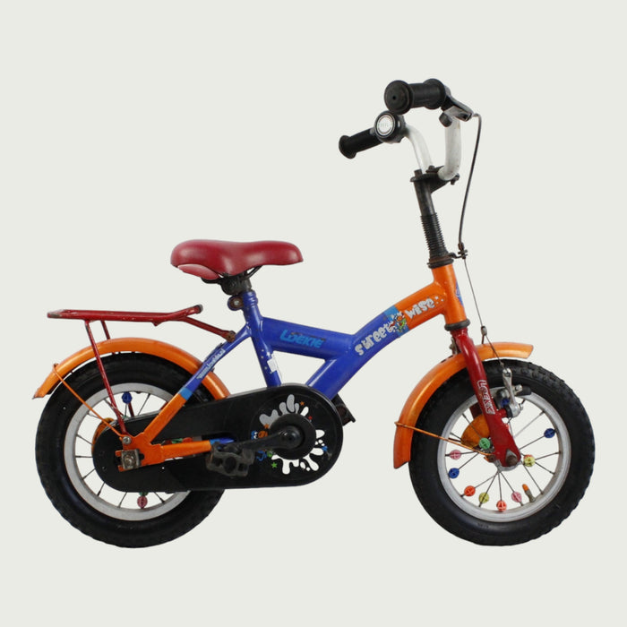 12.73 - BikeFlip, 12 inch kinderfiets, blauw en oranje fiets, veelkleurig, Loekie, spaakkralen, handrem, kabelslot,  balans