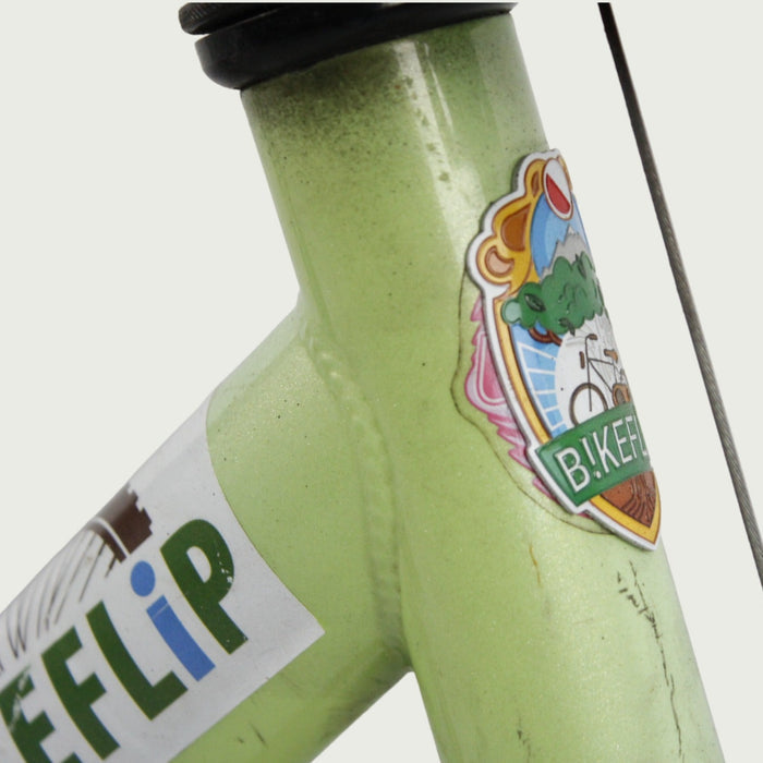 12.79 - BikeFlip, 12 inch kinderfiets, lichtgroen en blauw fiets, terugtraprem, handrem, kabelslot, stoer, creatief design