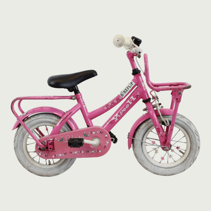 12.95 - BikeFlip, 12 inch kinderfiets, roze fiets, terugtraprem, handrem, geen versnellingen, kabelslot, stoer, avontuurlijk