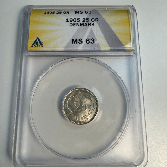 1905 Denmark 25 Ore, KM-796.2, ANACS MS-63 (60 CV=150!)