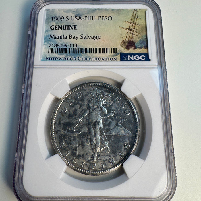 1909-S US Philippines AR Peso NGC Genuine - WWII Manila Bay Salvage 🇺🇸🇵🇭