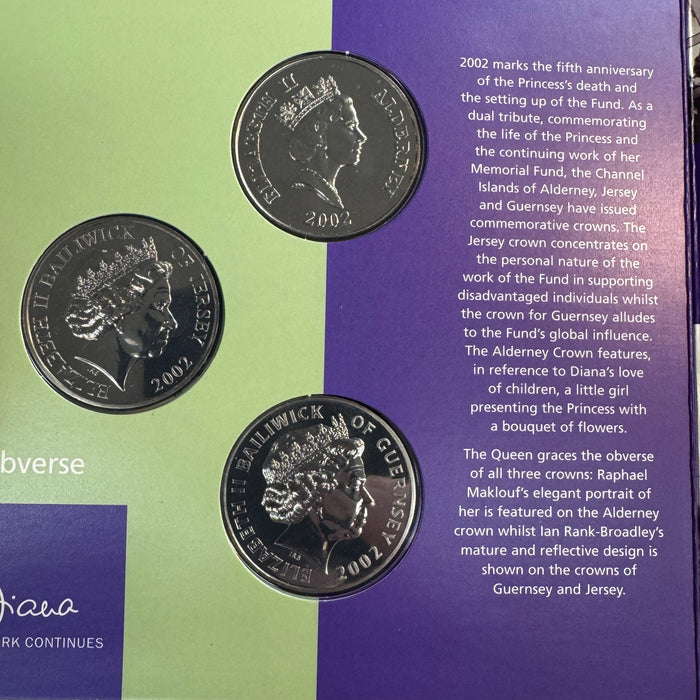 1997 Princess Diana Commemorative 3-Coin £5 set: Alderney, Jersey & Guernsey - UK Royal Mint Issue