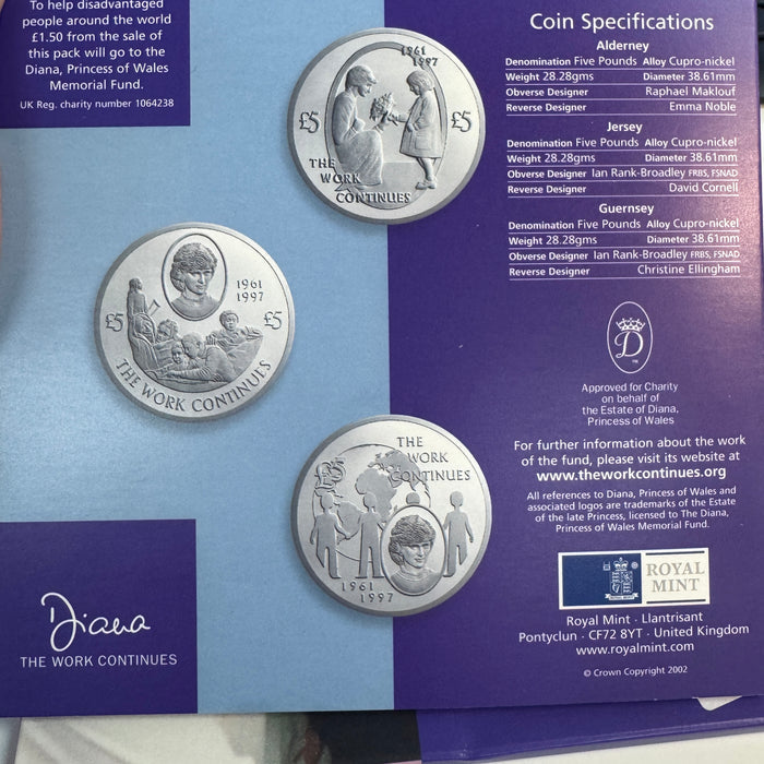 1997 Princess Diana Commemorative 3-Coin £5 set: Alderney, Jersey & Guernsey - UK Royal Mint Issue