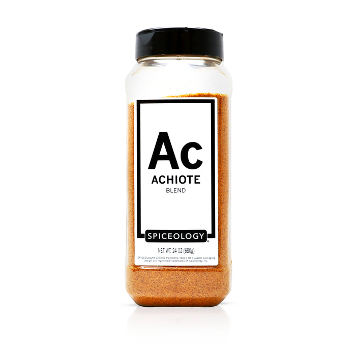 A bottle of Spiceology Achiote blend on a white background