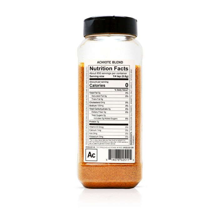 Back view of Spiceology Achiote Blend nutrition facts and ingredient information.