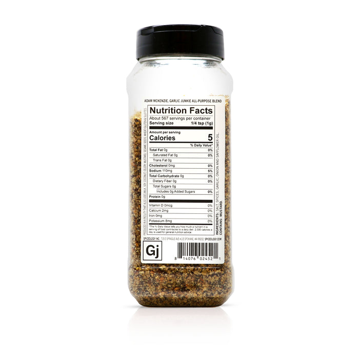 Back view of Spiceology Adam McKenzie Garlic Junkie All-Purpose Blend nutrition facts and ingredient information.