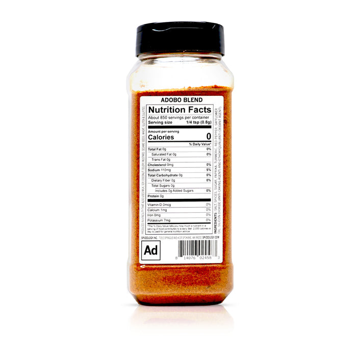 Back view of Spiceology Adobo Blend nutrition facts and ingredient information.