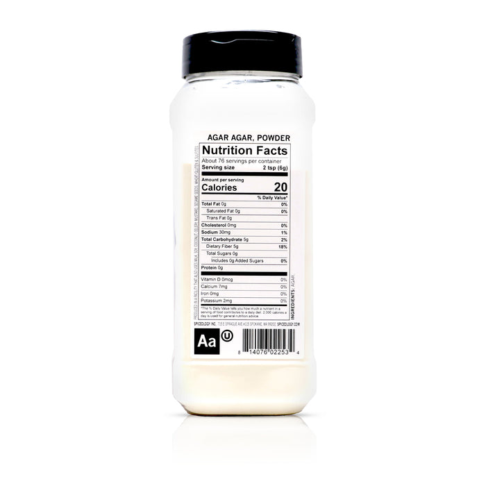 Back view of Spiceology Agar Agar Powder nutrition facts and ingredient information.