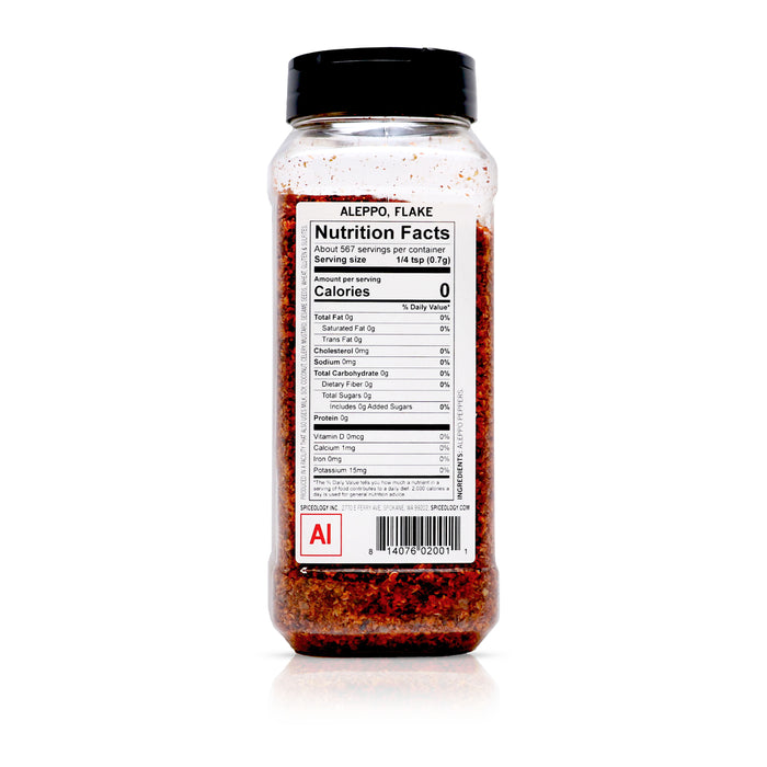 Back view of Spiceology Aleppo Flake nutrition facts and ingredient information.