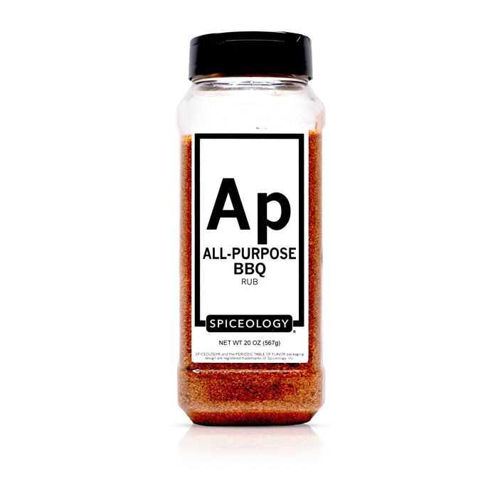 A bottle of Spiceology ALL-PURPOSE BBQ Rub on a white background