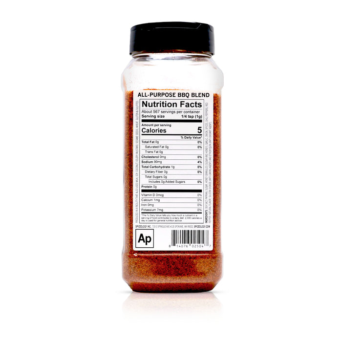 Back view of Spiceology All Purpose BBQ Blend nutrition facts and ingredient information.