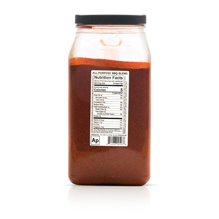 Back view of Spiceology all purpose bbq  blend nutrition facts and ingredient information.