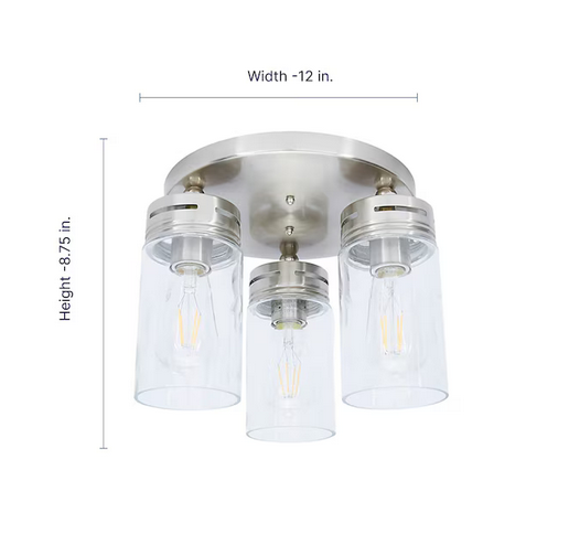 allen + roth 12-in Brushed Nickel Indoor 3 -Light Semi-flush Mount Light with Clear Glass