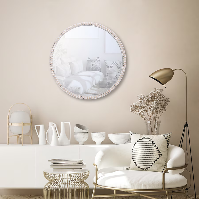 allen + roth 30" Round White Wash Framed Wall Mirror