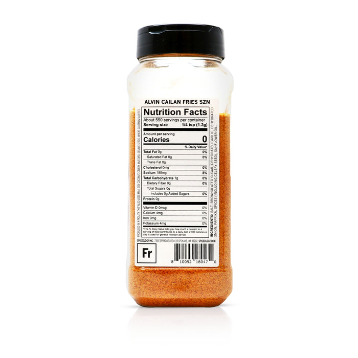 Back view of Spiceology Alvin Cailan Fries Szn nutrition facts and ingredient information.