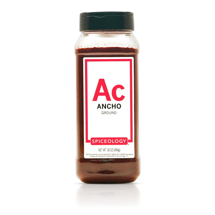 A bottle of Spiceology Ancho ground spice on a white background