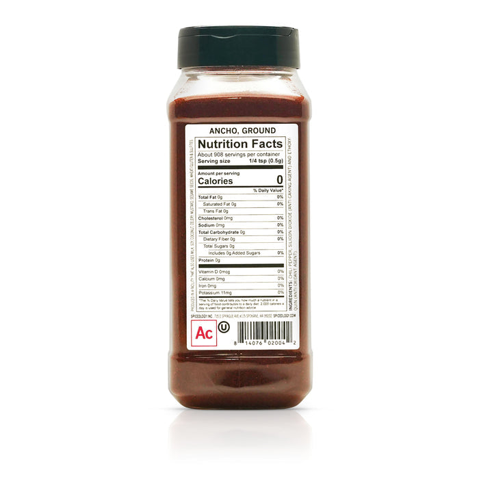 Back view of Spiceology Ancho, Ground nutrition facts and ingredient information.