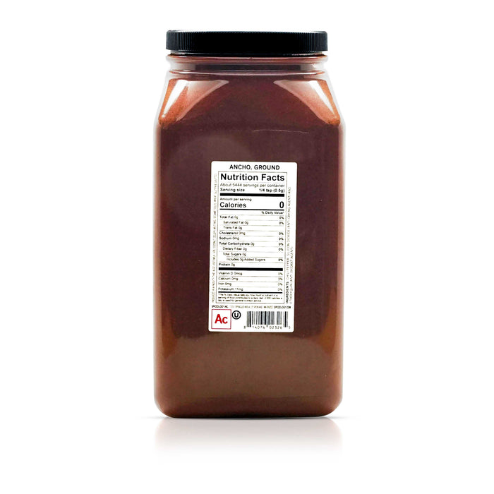 Back view of Spiceology ancho chile, ground nutrition facts and ingredient information.