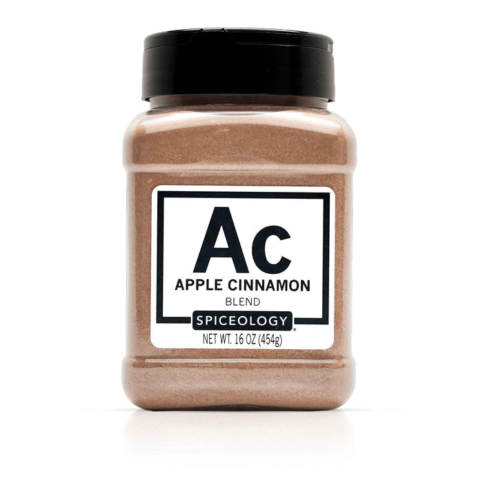 Bottle of Spiceology apple cinnamon blend on a white background