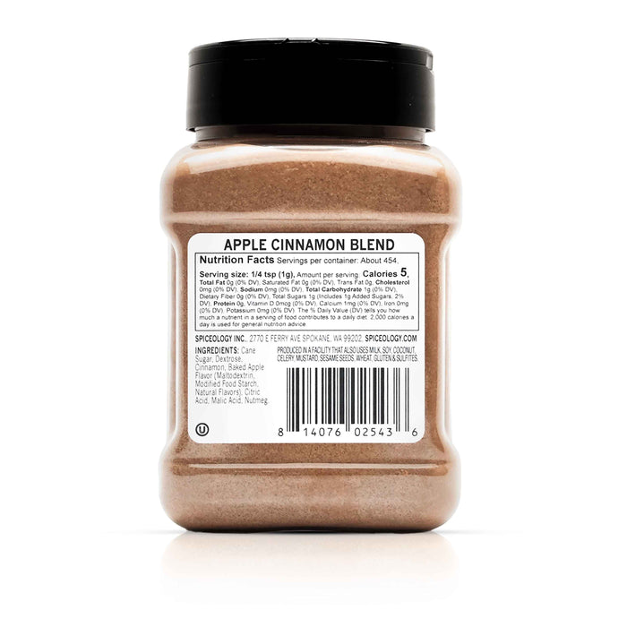 Back view of Spiceology apple cinnamon blend displaying nutrition facts and ingredient information.