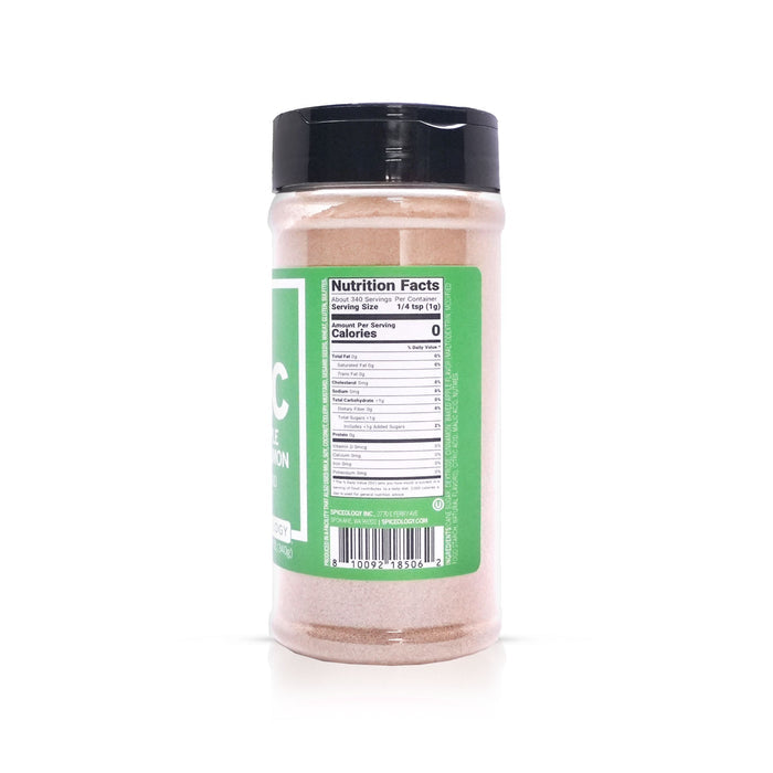 Side view of Spiceology Apple Cinnamon Blend nutrition facts and ingredient information on a white background