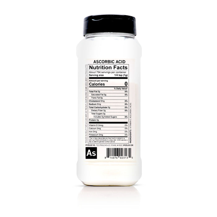Back view of Spiceology Ascorbic Acid nutrition facts and ingredient information.