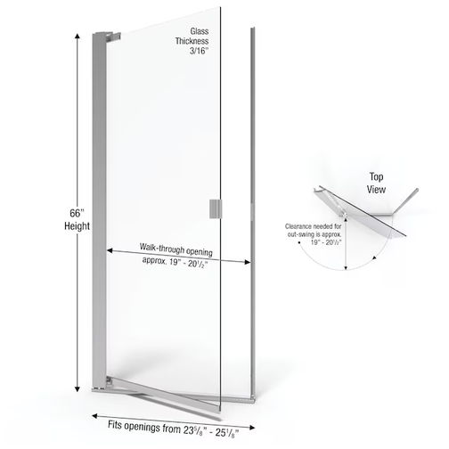 Basco Classic Chrome 23.625" - 25.125" W x 66" H Semi-frameless Obscure Glass Pivot Shower Door