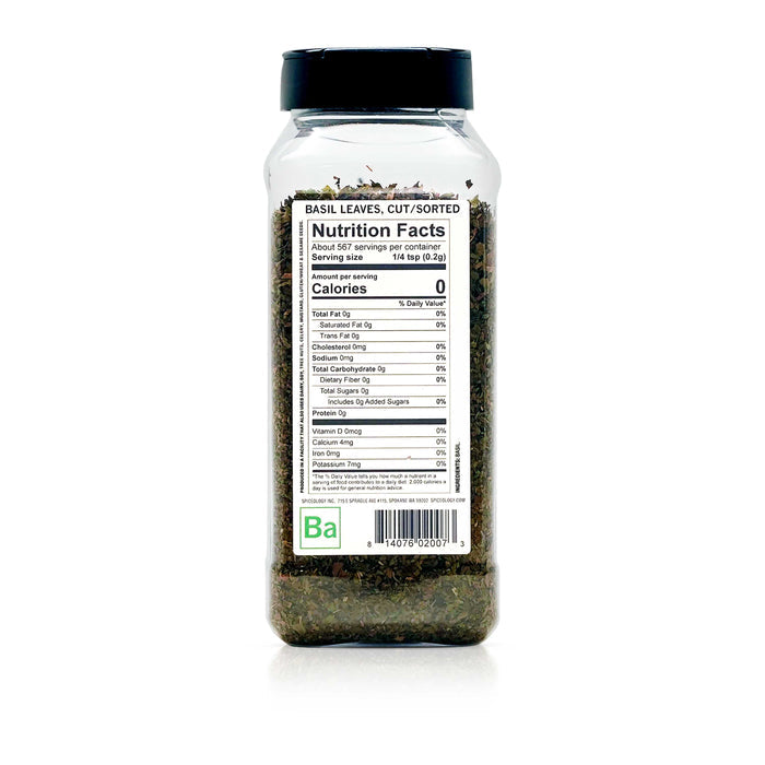 Back view of Spiceology Basil Leaves, cut/sorted nutrition facts and ingredient information.