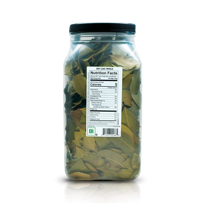 Back view of Spiceology Whole Bay Leaves bottle displaying nutrition facts and ingredient information.