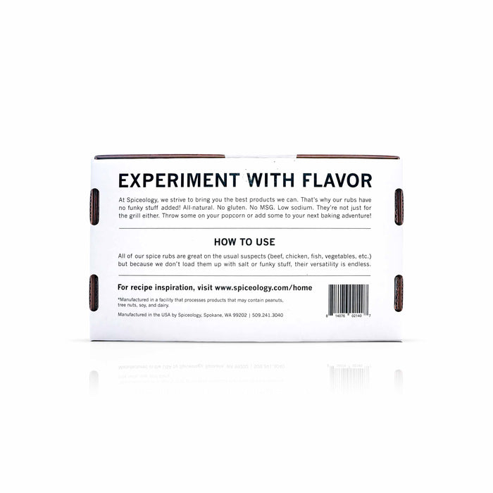 Back view of Spiceology BBQ Rubs Variety Pack white box on a white background