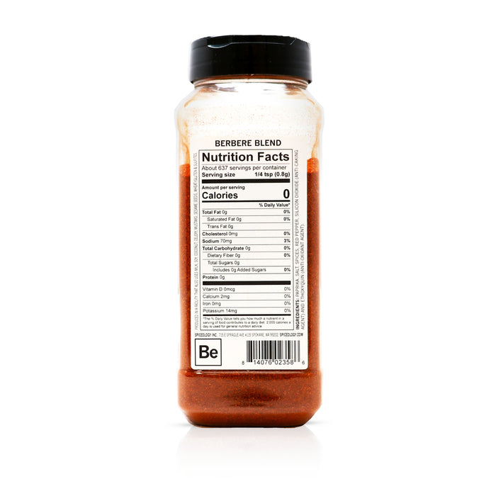 Back view of Spiceology Berbere Blend nutrition facts and ingredient information.