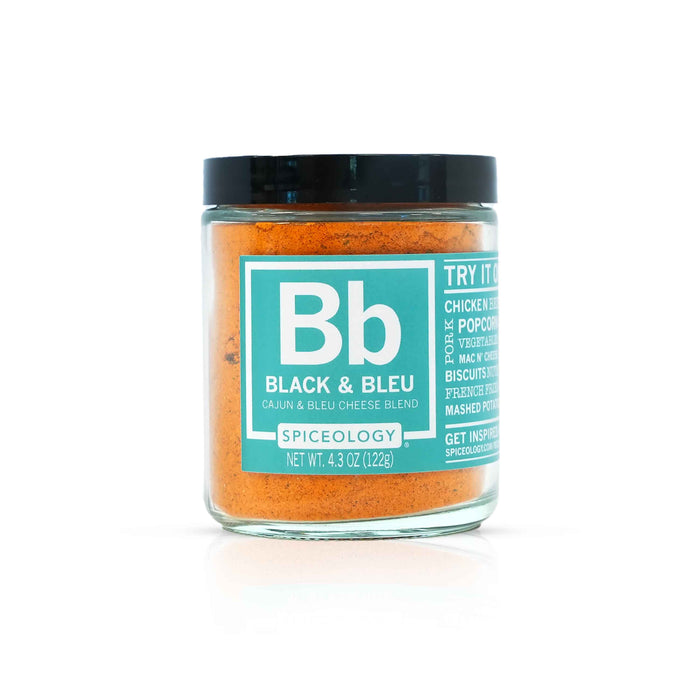 Jar of Spiceology black bleu cajun seasoning on a white background