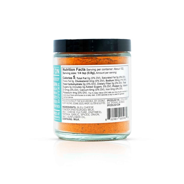 Back view of Spiceology black bleu cajun seasoning displaying nutrition facts and ingredient information.