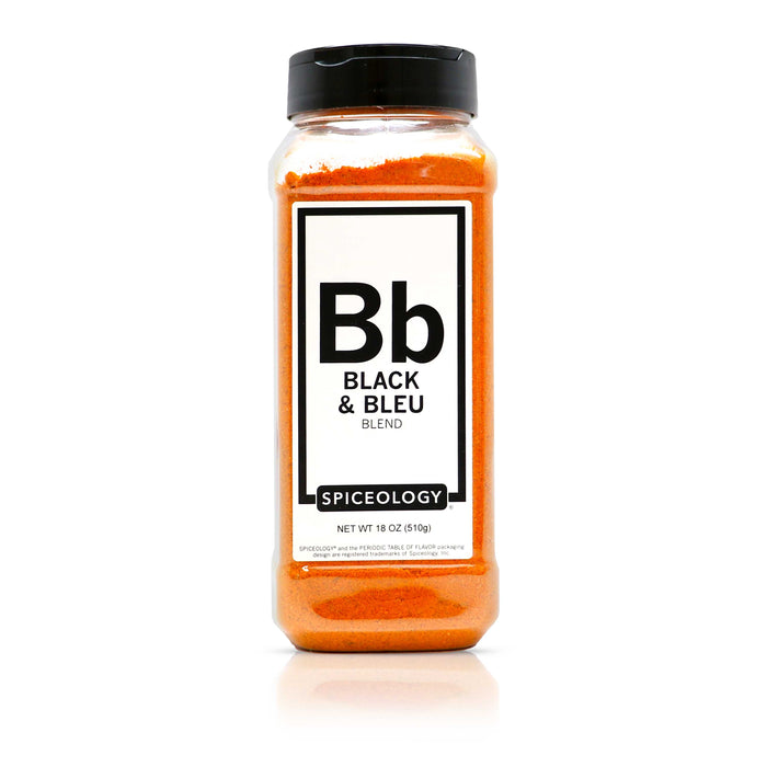 Front of a Spiceology Black and Bleu spice shaker jar on a white background with black Bb periodic-table-style label