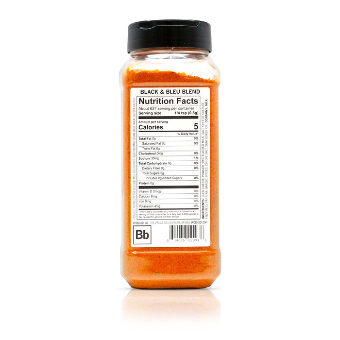 Back view of Spiceology black & bleu blend nutrition facts and ingredient information.